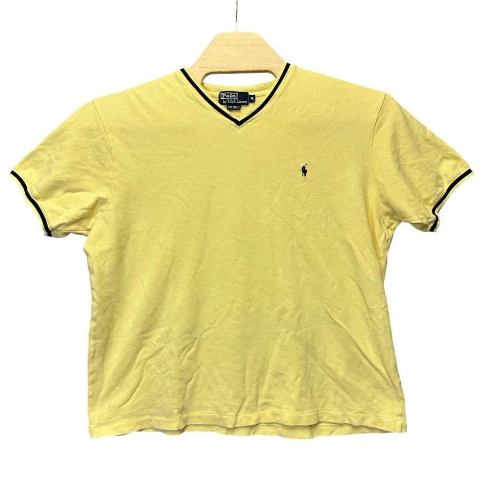 Polo Ralph Lauren Mens XL Yellow Pique V-Neck T-Shirt Navy Stripe Trim Cotton